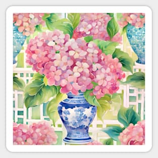 Hydrangeas in chinoiserie jars and white lattice Sticker